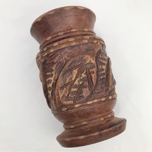Wood Hand Carved Brown Turned Pedestal  Vase - Picture 3 of 15